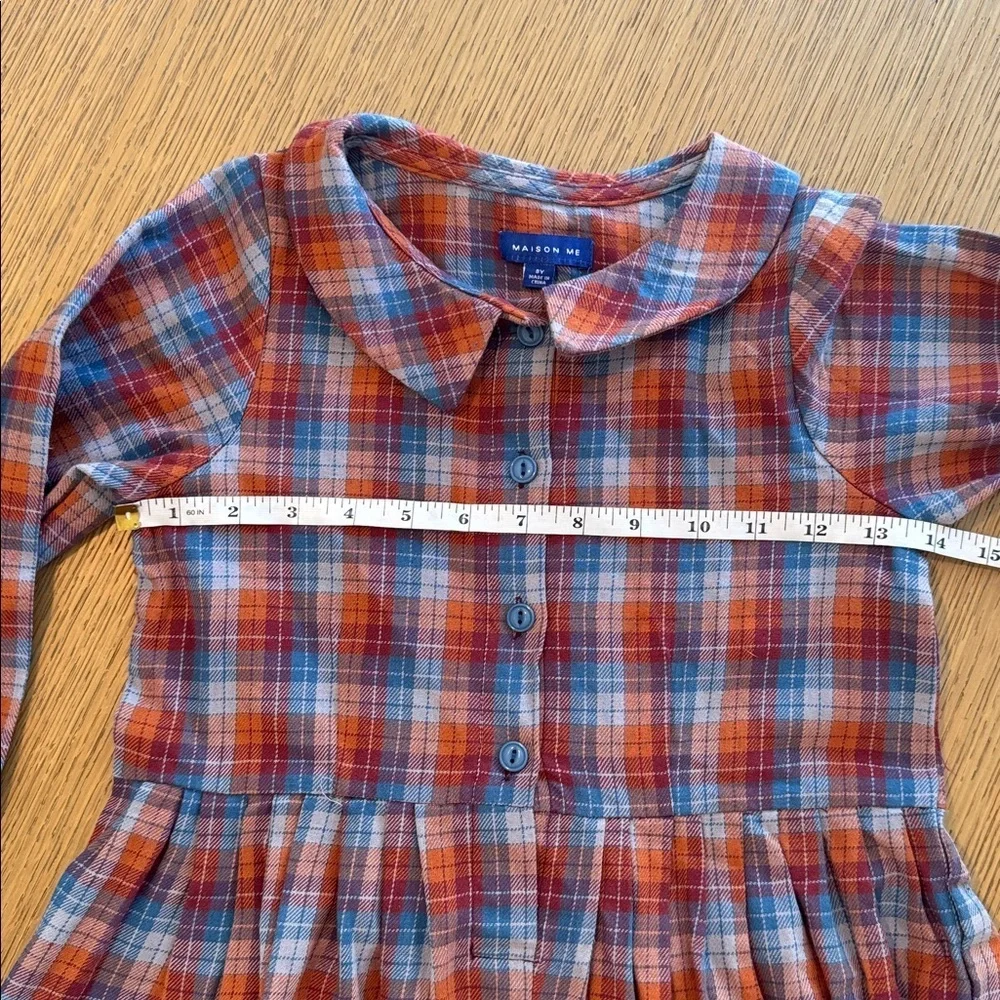 Maison Me - Girls Plaid Button-Front Long Sleeve Dress in Red & Blue